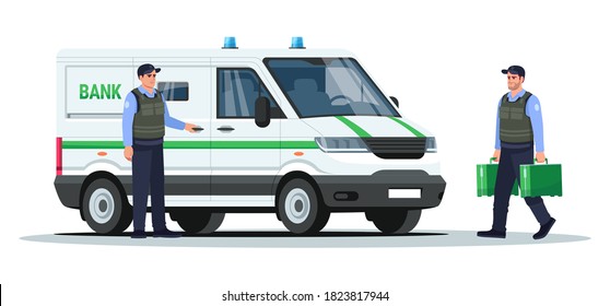 Camión de banco con guardas de imagen vectorial de color RGB semiplana. Transporte de dinero de vehículos blindados. Automático con autoridad y portadores. Hombre de policía aisló a personaje de caricatura de fondo blanco