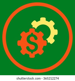 Bank Tuning vector icon. Style is bicolor flat circled symbol, orange and yellow colors, rounded angles, green background.