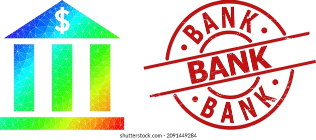BANK unclean stamp and lowpoly rainbow colored dollar bank icon with gradient. Red stamp seal includes BANK tag inside circle and lines shape. Triangulated dollar bank polygonal 2d illustration.