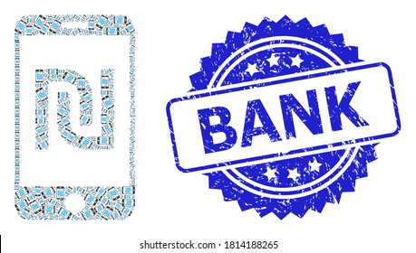 Bank unclean stamp and vector recursive collage shekel mobile bank. Blue stamp seal includes Bank caption inside rosette. Vector collage is made from random rotated shekel mobile bank icons.