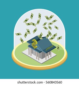 Bank under glass Bell. Transparent dome for financial buildings. Protection of savings and money
