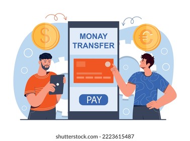 Bank users transferring money. Men with card stand next to smartphone. Financial literacy and electronic payments, transfers and transactions. Poster or banner. Cartoon flat vector illustration