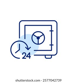 Bank vault and 24 hours symbol. Round the clock financial safety, investment protection. Pixel perfect, editable stroke icon