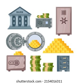 Bank vault cartoon illustration collection. Metallic or steel safe, stock of banknotes, gold bars, bank building, cash depository. Money, treasure, security, safety concept