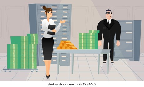 Bank vault concept with people scene in the background cartoon style. Director of the bank explain to security what he mast to guard. Vector illustration.