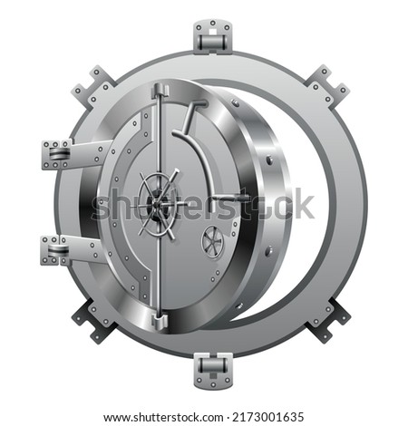 Bank vault door. Metal steel round gate open, isolated mechanism with welds and rivets. Huge metal round safe door. Gate mechanism