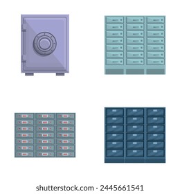 Bank vault icons set cartoon vector. Armored box to protect money and document. Banking service