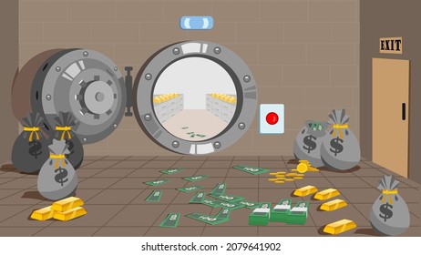 The bank vault is inside. Vector image of a cartoon bank vault with an open door to a safe and an interior inside the room. Bags of money are lying on the floor, and bills and gold bars are lying arou
