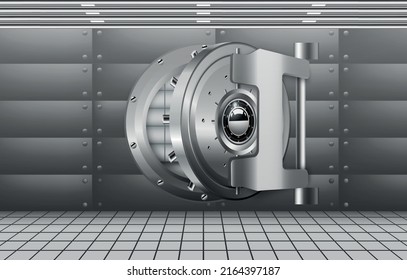 Bank Vault Interior Realistic Composition With Opened Massive Metal Door Vector Illustration