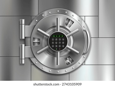 Bóveda de banco puerta de metal con código de bloqueo. Ilustración vectorial.