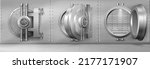 Bank vault with open and closed safe door. Vector realistic interior of room with round steel door and silver metal walls for safety storage deposits. Bank safe with dial lock