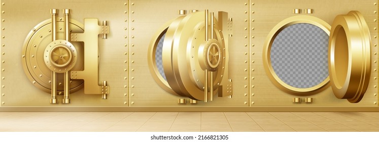 Bank vault with open and closed safe door. Vector realistic interior of room with round gold door and golden metal walls for safety storage deposits. Bank safe with dial lock