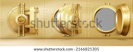 Bank vault with open and closed safe door. Vector realistic interior of room with round gold door and golden metal walls for safety storage deposits. Bank safe with dial lock