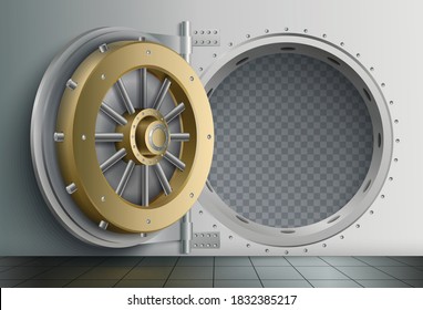 Bank vault realistic composition with view of safe storage entrance with massive circle shaped locking door vector illustration