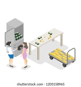 Bank vault room interior with client and worker. Safety room with money. Isolated vector isometric illustration