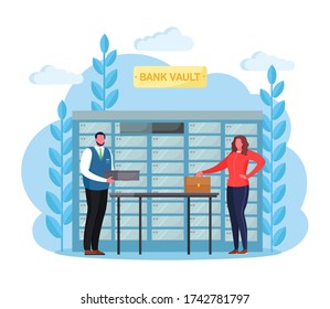 Bank vault room with safe deposit boxes. Banking employee, clerk working with client. Vector cartoon design