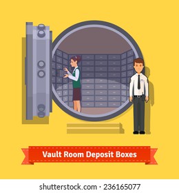 Bank vault room with a safe deposit boxes, clerk and guard. Flat style illustration. EPS 10 vector.