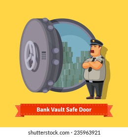 Bank Vault Room Safe Door With A Officer Guard. Opened With Money Inside. Flat Style Illustration. EPS 10 Vector.