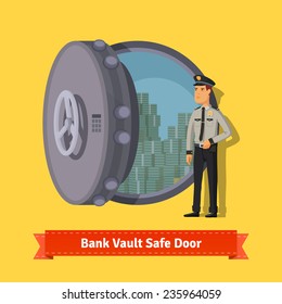 Bank vault room safe door with a officer guard. Opened with money inside. Flat style illustration. EPS 10 vector.