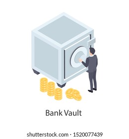 
Bank Vault, Secure Space Where Money, Valuables, Records, And Documents Are Stored. Isometric Vector
