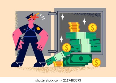 Bank Vault With Stacks Of Money With Female Security Guard Protect It From Robber. Strongbox With Woman Police Officer Protection In Financial Institution. Flat Vector Illustration. 