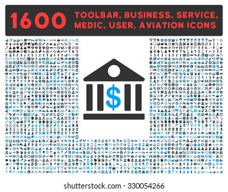 Bank vector icon and 1600 other business, service tools, medical care, software toolbar, web interface pictograms. Style is bicolor flat symbols, blue and gray colors, rounded angles, white background
