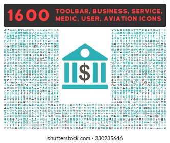 Bank vector icon and 1600 other business, service tools, medical care, software toolbar, web interface pictograms. Style is bicolor flat symbols, grey and cyan colors, rounded angles, white background