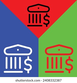 Bank vector icon, Outline style, isolated on Red, Green and Blue Background.