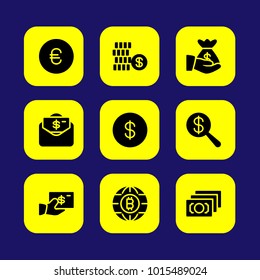 Bank vector icon set. coin, dollar coin, money bag and euro