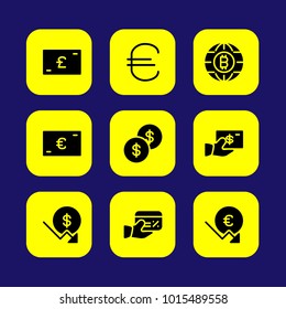 Bank vector icon set. coin, dollar, euro and pound sterling