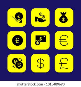 Bank vector icon set. coins, bag, money bag and euro