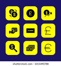 Bank vector icon set. credit card, dollar, pound sterling and coin
