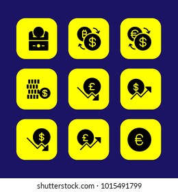 Bank vector icon set. euro, exchange, pound sterling and coin