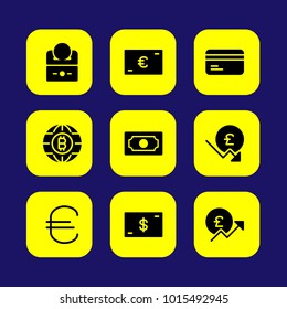Bank vector icon set. euro, pound sterling, coin and money