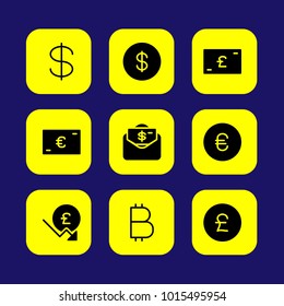Bank vector icon set. euro, dollar coin, pound sterling and money