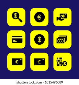 Bank vector icon set. euro, dollar coin, credit card and dollar