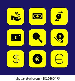 Bank vector icon set. money, dollar, coins and euro