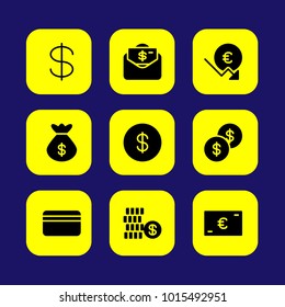 Bank vector icon set. money, credit card, coin and dollar