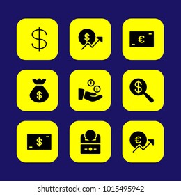 Bank vector icon set. money bag, euro, dollar and bag