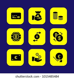 Bank vector icon set. pound sterling, credit card, coins and euro