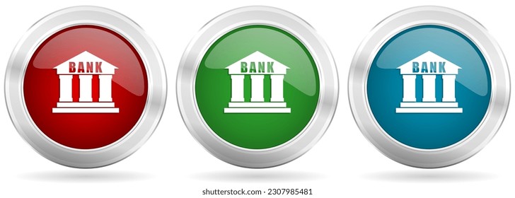 Bank vector icon set. Red, blue and green silver metallic web buttons with chrome border