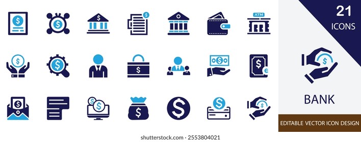 Bank vector icon set. with savings, LOANS, DOLLAR, payment, transfer, balance, and more filled design