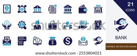 Bank vector icon set. with savings, LOANS, DOLLAR, payment, transfer, balance, and more filled design