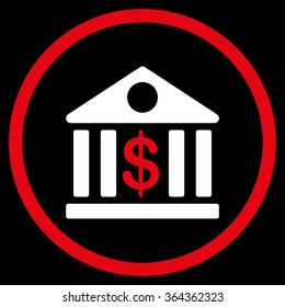 Bank vector icon. Style is bicolor flat circled symbol, red and white colors, rounded angles, black background.