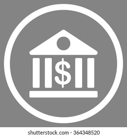 Bank vector icon. Style is flat circled symbol, white color, rounded angles, gray background.