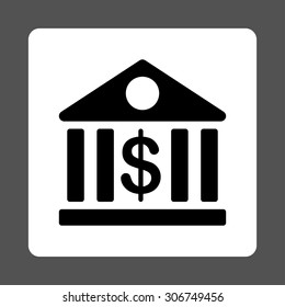 Bank vector icon. This flat rounded square button uses black and white colors and isolated on a gray background.
