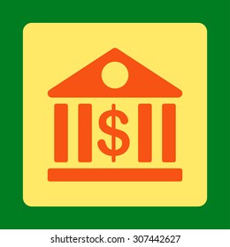 Bank vector icon. This flat rounded square button uses orange and yellow colors and isolated on a green background.