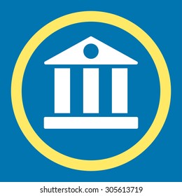 Bank vector icon. This rounded flat symbol is drawn with yellow and white colors on a blue background.