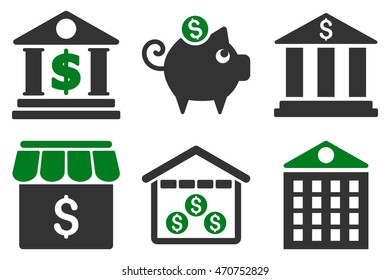 Bank vector icons. Pictogram style is bicolor green and gray flat icons with rounded angles on a white background.