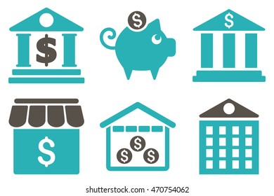 Bank vector icons. Pictogram style is bicolor grey and cyan flat icons with rounded angles on a white background.
